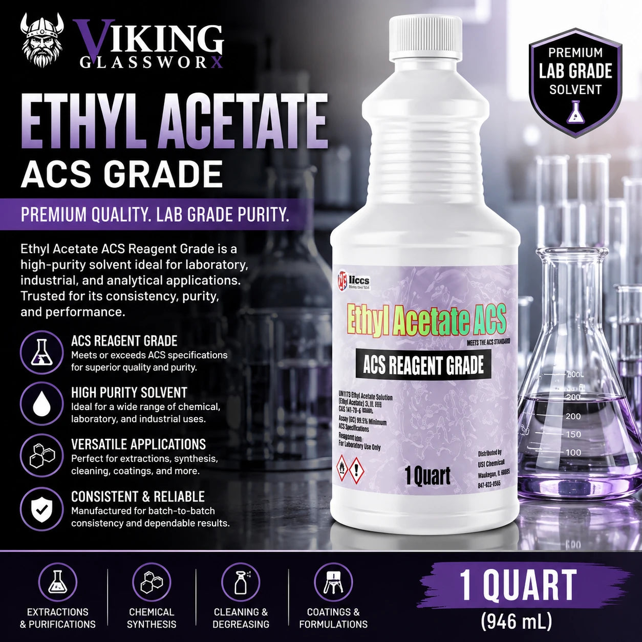 A 1 quart bottle of ACS Grade Ethyl Acetate solvent, displayed on a dark reflective background with laboratory beakers and a shield badge indicating premium lab grade quality. Available at Viking lab supply