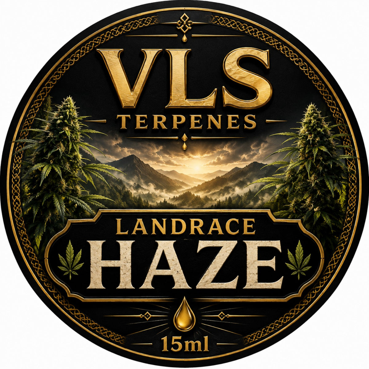 VLS Landrace Haze Terpenes label with mountains and cannabis plants, featuring 15ml size description