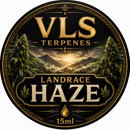 VLS Landrace Haze Terpenes label with mountains and cannabis plants, featuring 15ml size description