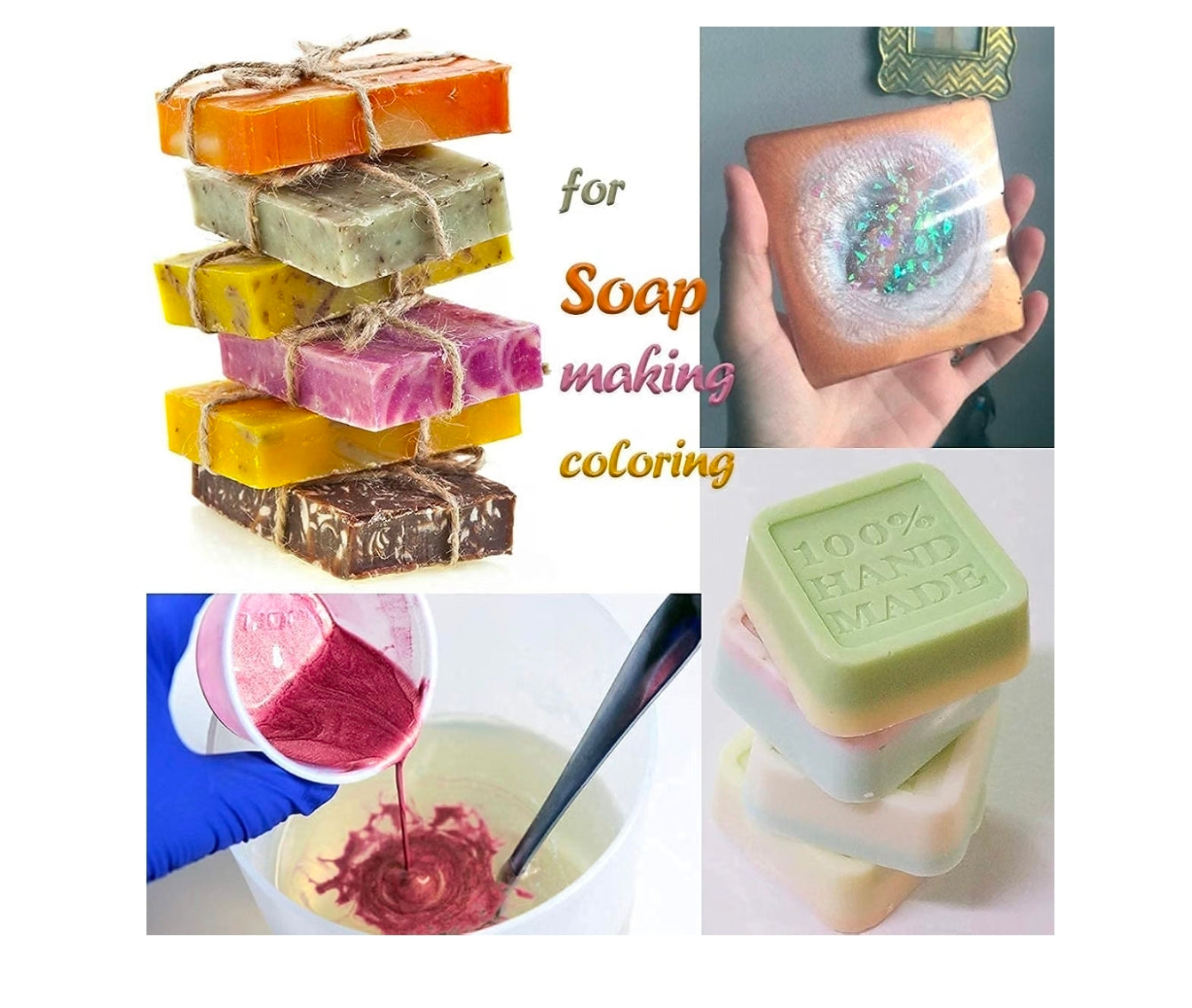 DIY soap making with 30 Color Pigment Natural Cosmetic Grade Shimmer Mica Powder showing vibrant, colored soaps and materials.