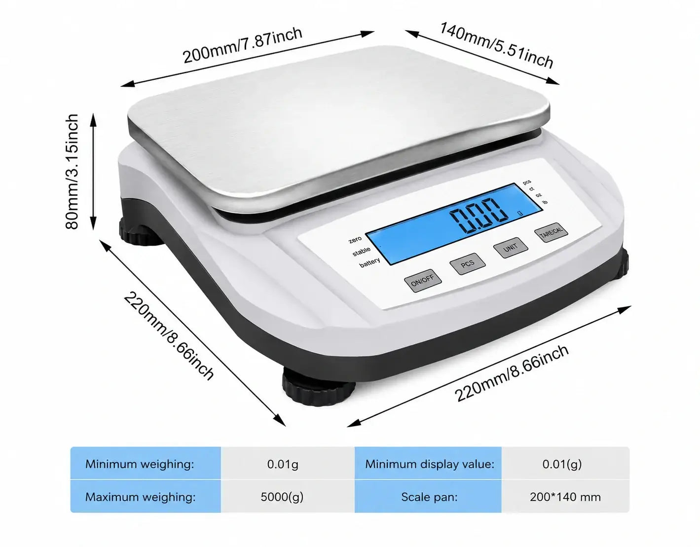 Professional Laboratory Scale 5000g 0.01g with digital display and stainless steel pan, dimension details shown.
