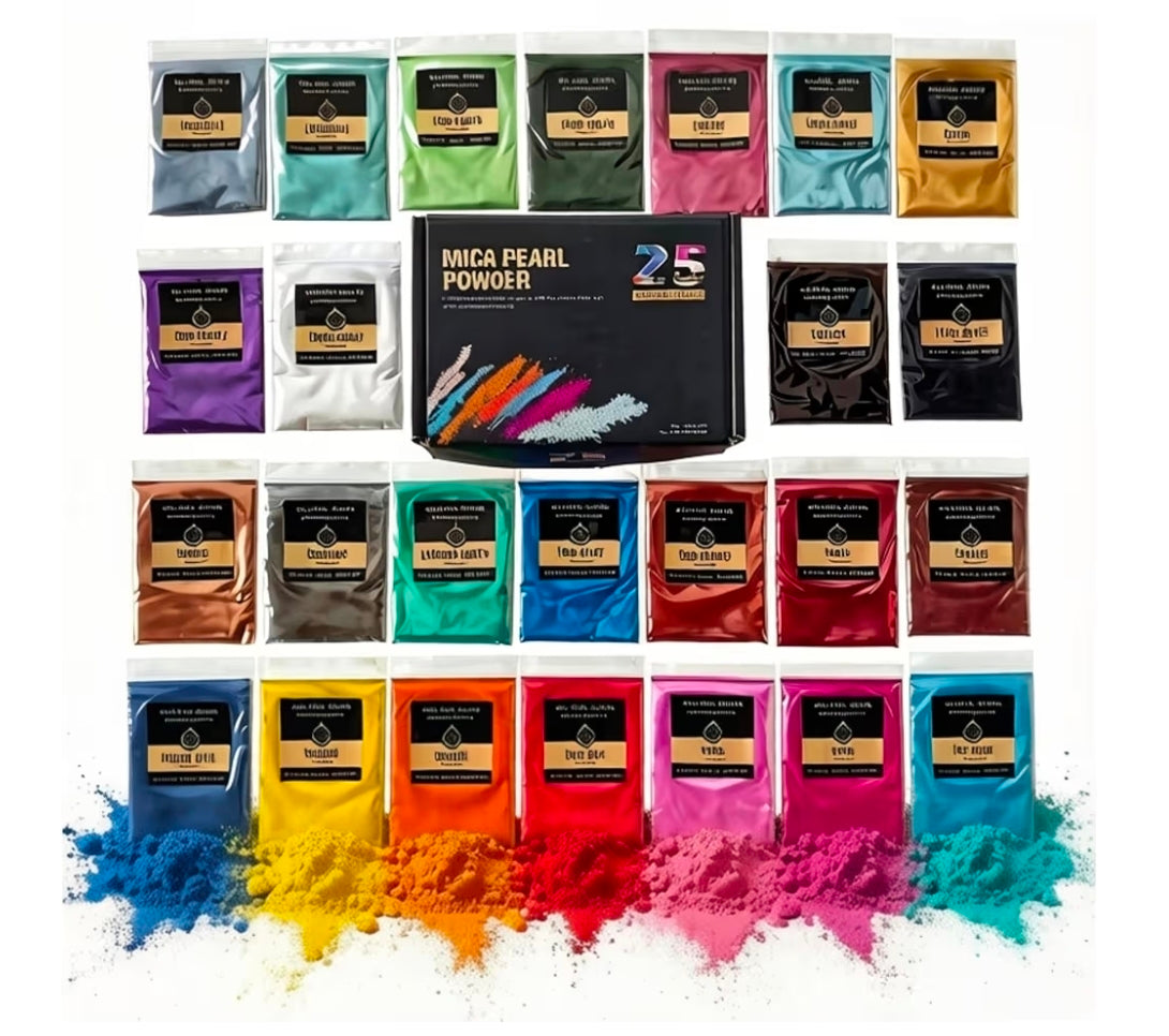 Mica Powder Natural 25 Colors 10g per Bag arranged in vibrant shades for crafting projects