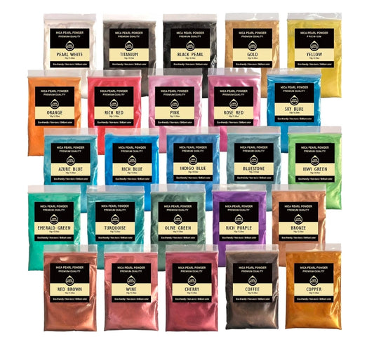 Mica Powder Natural 25 Colors 10g per Bag showcasing vibrant pigment bags for crafting projects.