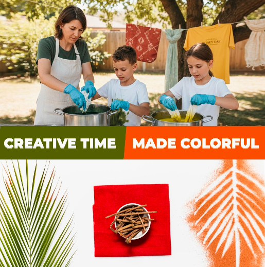 Natural Tie Dye Kit in use, featuring children and adult dyeing fabrics with plant-based colors outdoors.