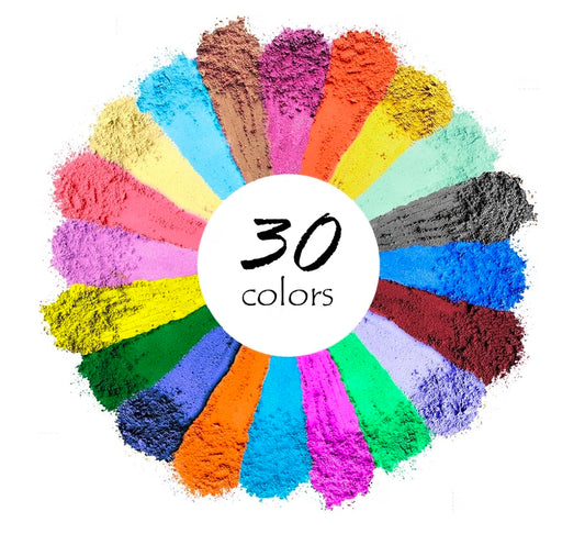 30 Color Pigment Natural Cosmetic Grade Shimmer Mica Powder in a colorful circular display
