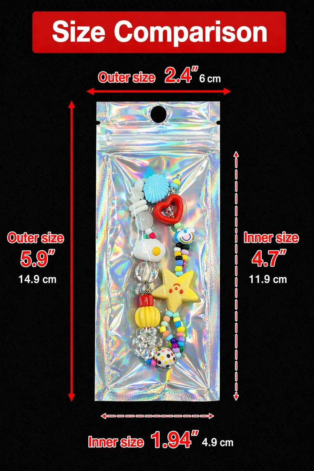 Size comparison of 100 Pack Holographic Clear Mylar Bags for Disposable Vapes with measurements in inches and centimeters.