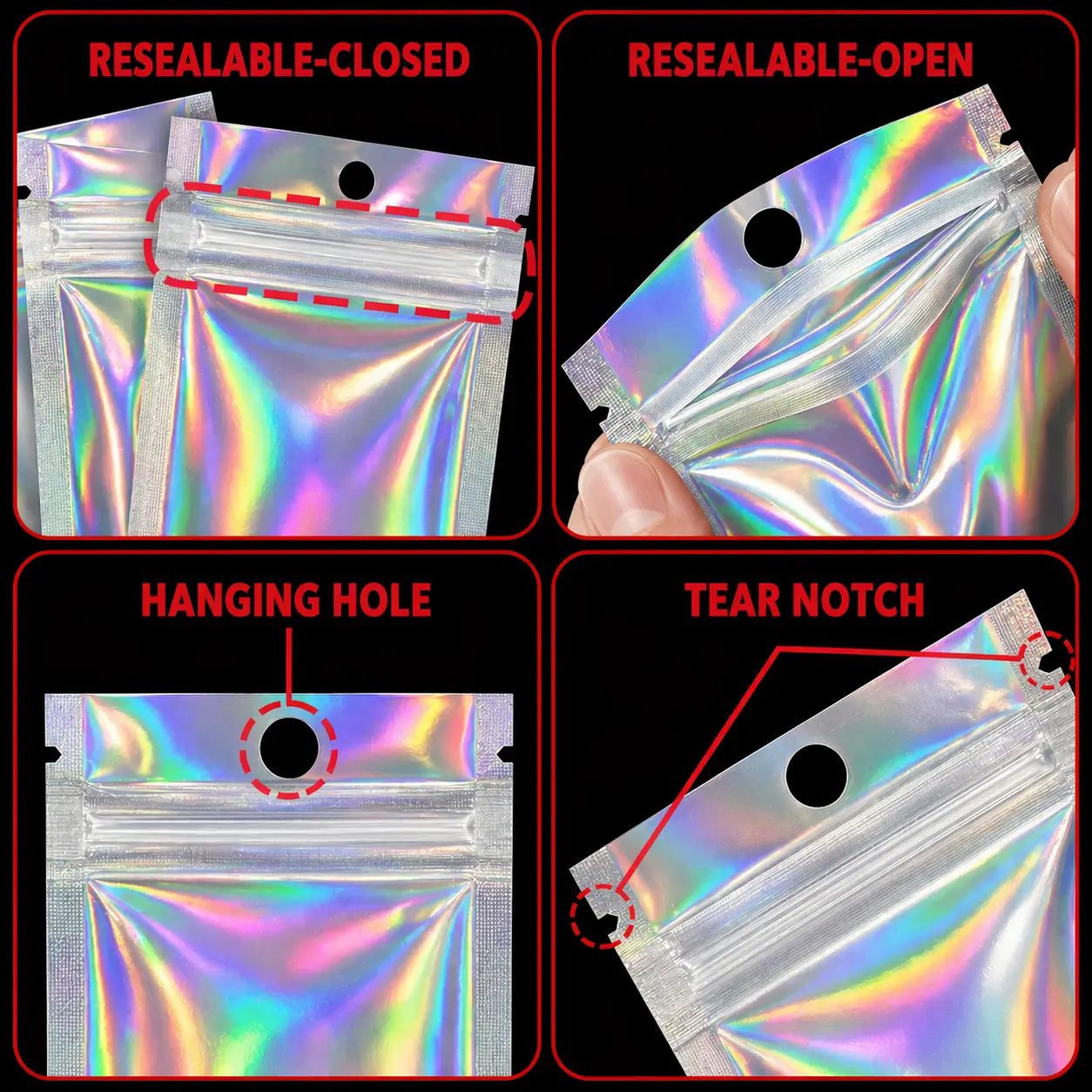 Features of 100 Pack Holographic Clear Mylar Bags for Disposable Vapes: resealable, hanging hole, tear notch