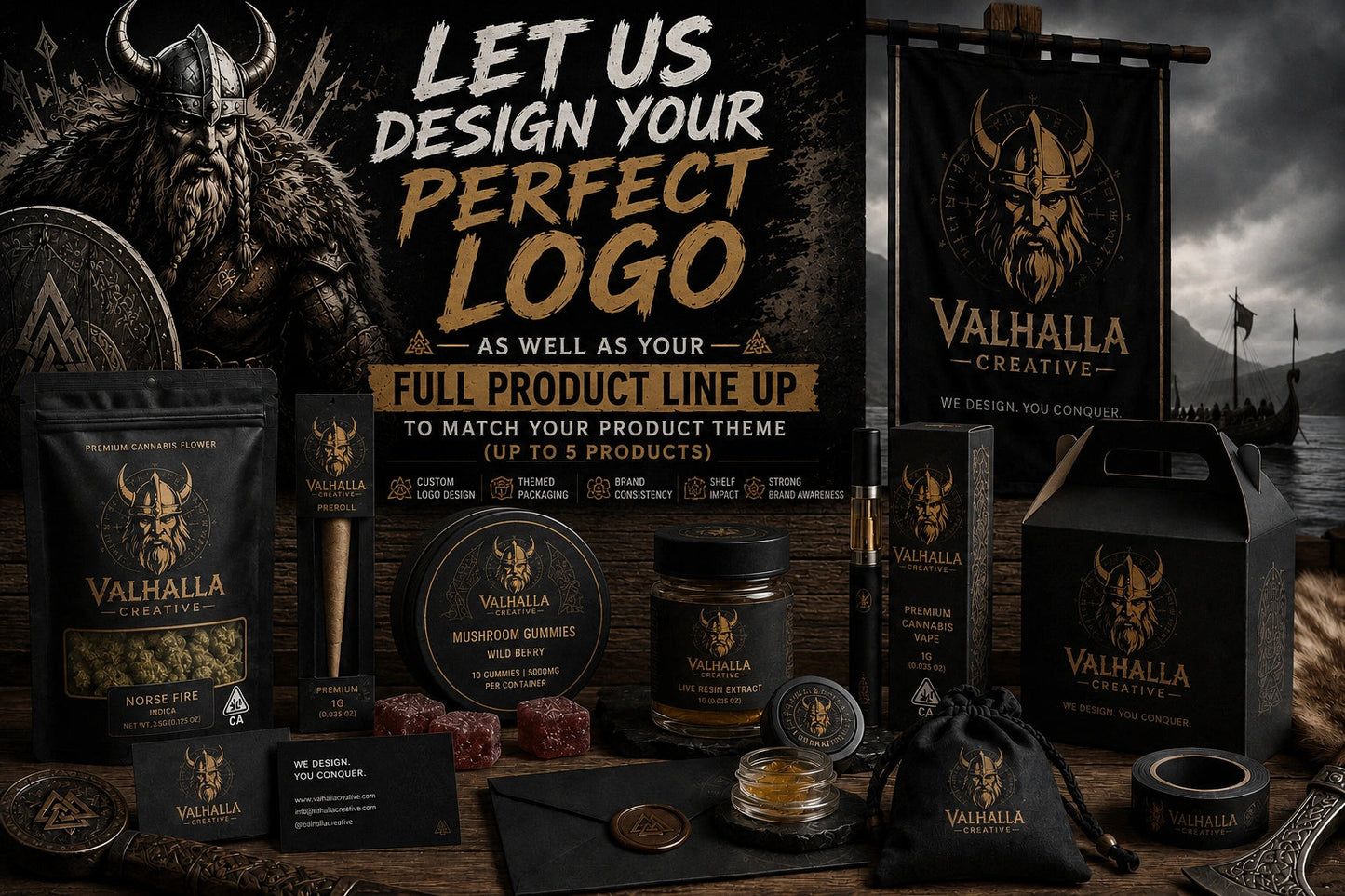 Custom brand design services showcase by Viking GraffiX, featuring logo design and brand identity products with a Viking theme.