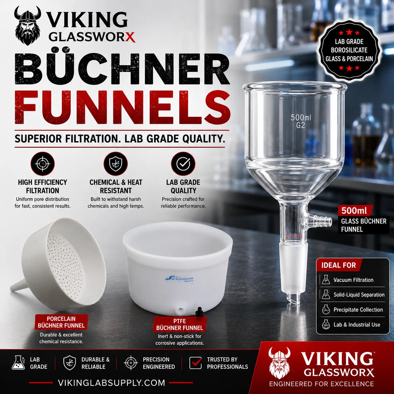 Buchner Funnels and Filtration Supplies, glass and porcelain options, for efficient liquid-solid separation and superior filtration.
