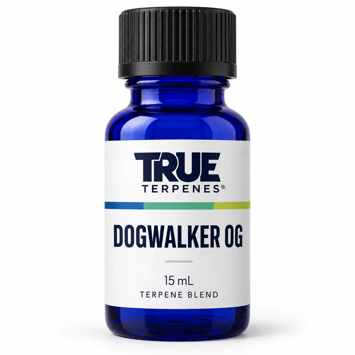 Illustrative AI rendering of True Terpenes Dogwalker OG 15mL bottle with screw cap