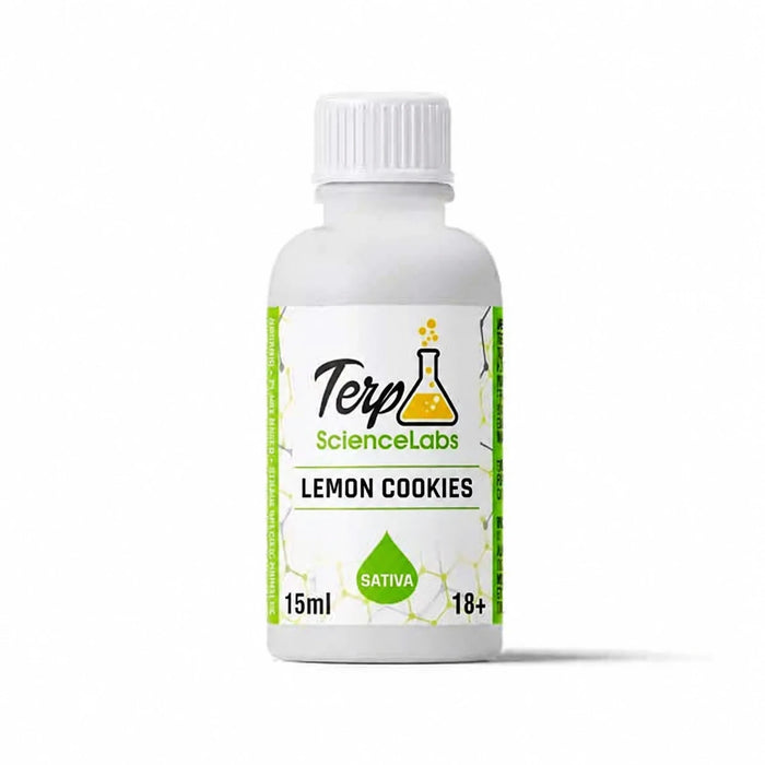 Lemon Cookies Terp Science Labs 15mL white terpene bottle with flavor label, product rendering