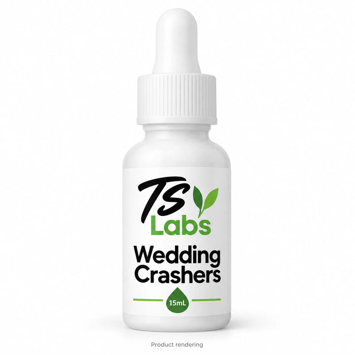 Illustrative AI rendering of TS Labs Wedding Crashers Terpenes 15mL bottle