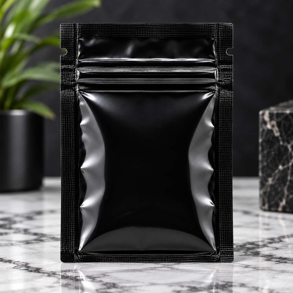 1 lb gloss black resealable Mylar bag with tear notches and zipper closure on an elegant marble surface