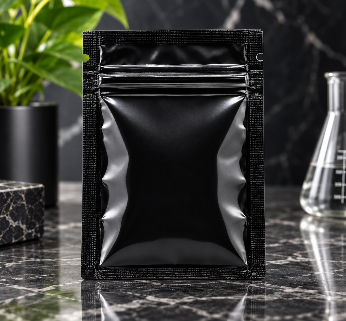1 lb black resealable Mylar bag with zipper, tear notches and heat-sealed edges in a premium laboratory setting