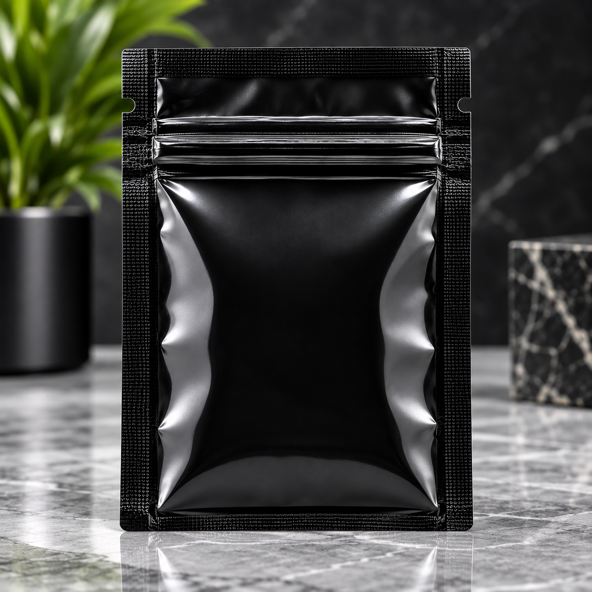 1 lb black resealable Mylar bag with zipper closure and tear notches displayed on a premium gray marble surface