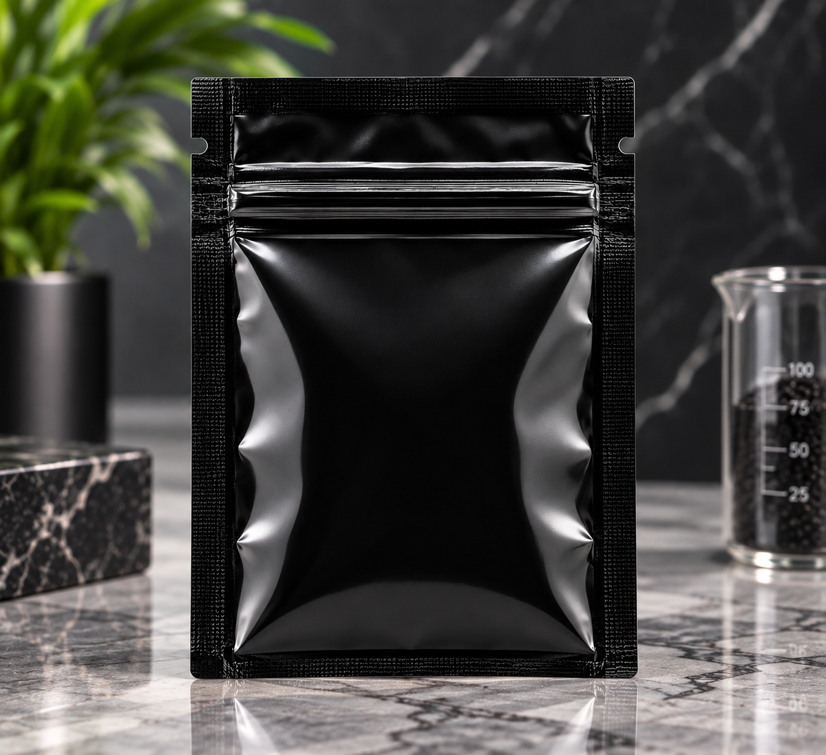 1 oz black resealable Mylar bag with zipper and tear notches displayed in a premium laboratory marble setting