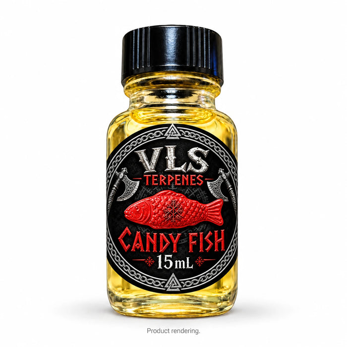 VLS Candy Fish 15mL terpene bottle with VLS logo, red fish artwork and black cap, product rendering