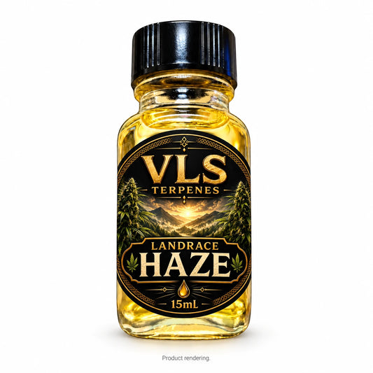VLS Landrace Haze 15mL terpene bottle with black-and-gold VLS logo and forest label artwork, product rendering