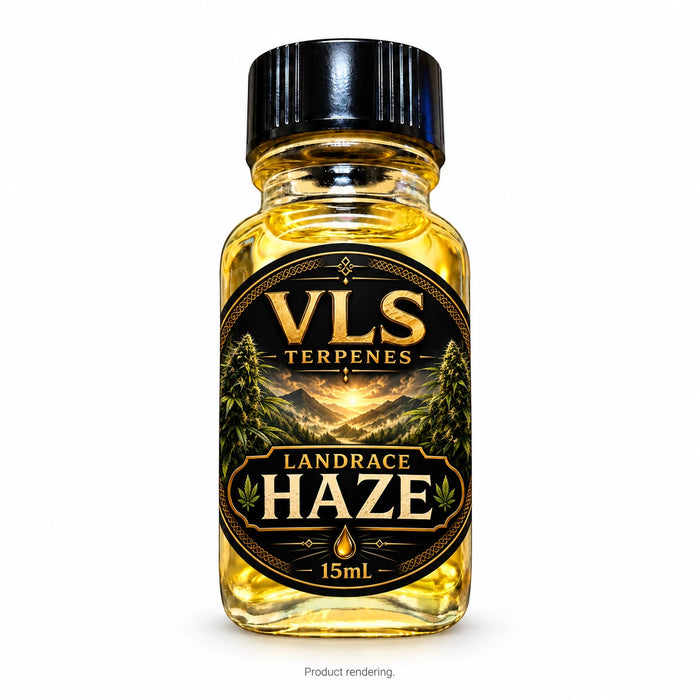 VLS Landrace Haze 15mL terpene bottle with black-and-gold VLS logo and forest label artwork, product rendering