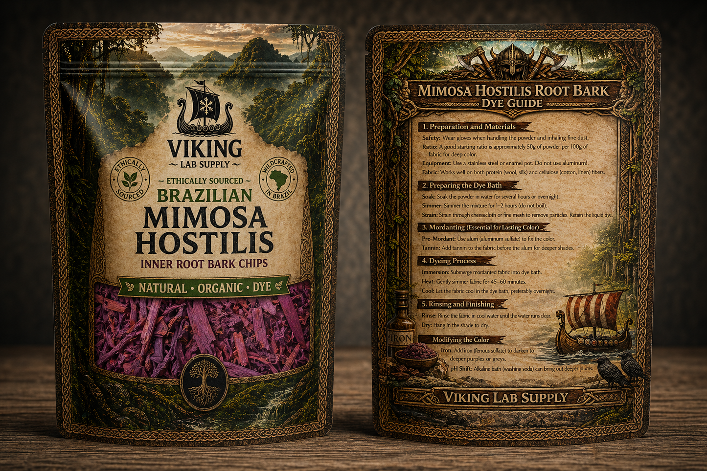Packaging of Mimosa Hostilis Inner Root Bark chips and dye guide by Viking Lab Supply, organic dye product.