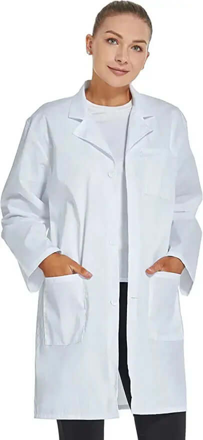 Model wearing a professional white lab coat, showcasing the Lab Coats all sizes for laboratory use.