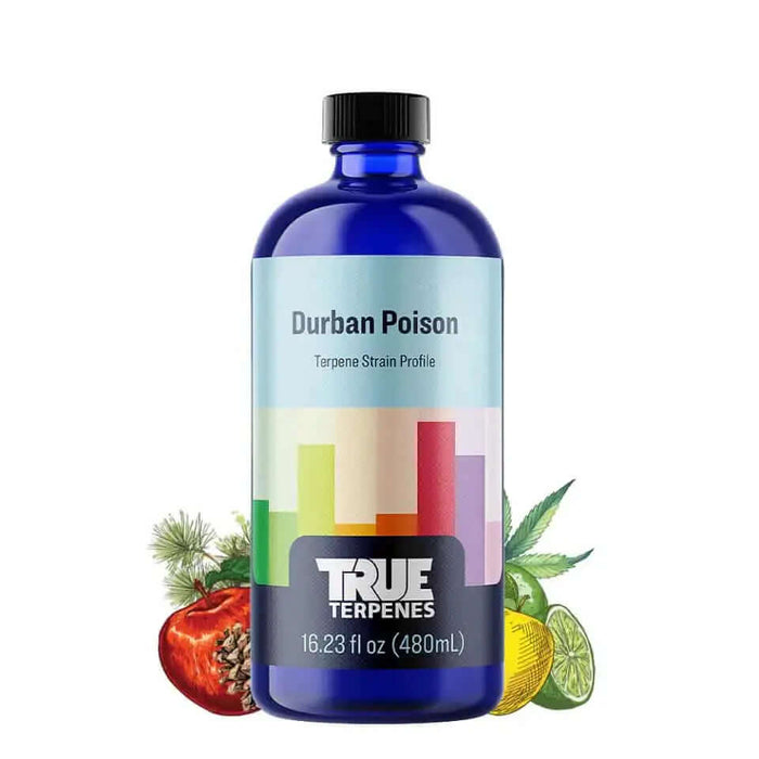 True Terpenes Durban Poison promotional bottle labeled 480mL