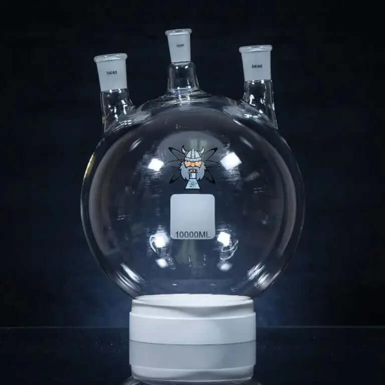 3 Neck Boiling Flasks made of Borosilicate 3.3 glass by VIKING GLASSWORX for laboratory use, showcasing three neck design for versatility.